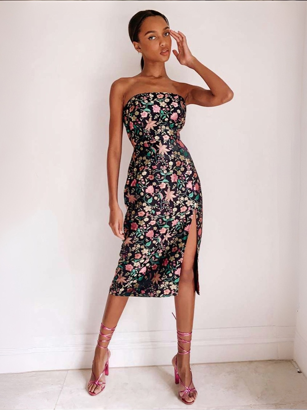 Lulus Make a Move Black Satin Floral Jacquard Strapless Midi Dress NWT